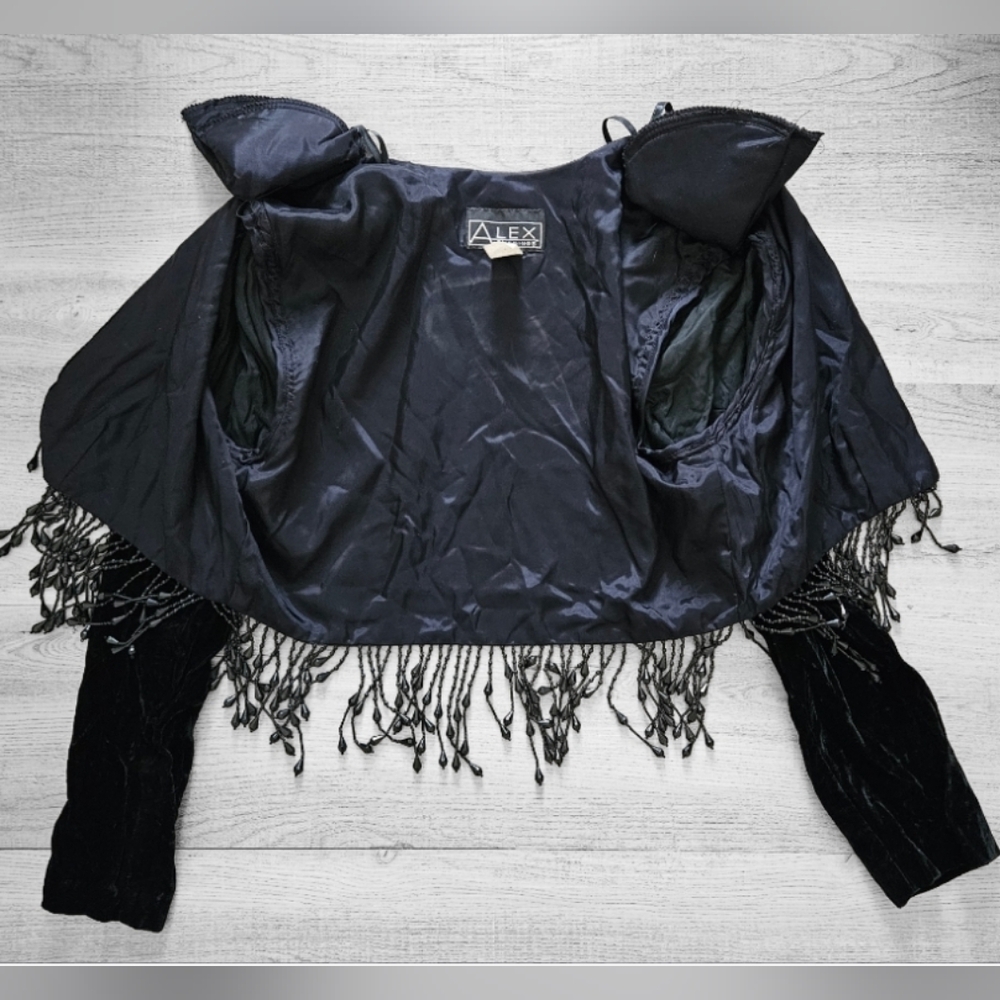 Vintage ALEX EVENINGS Cropped Velvet Jacket Beaded Fringe Retro Glam Size Large - Picture 11 of 13